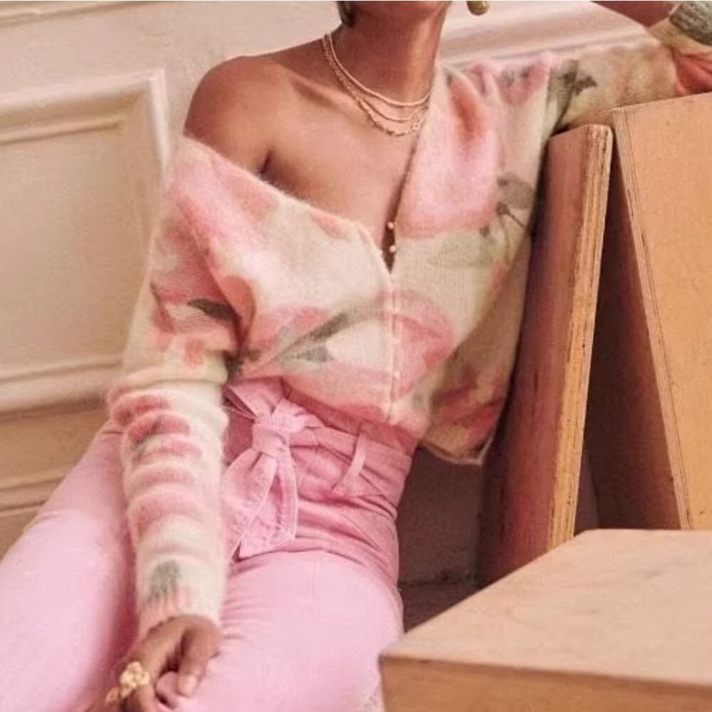 Sezane Lisette Cardigan Medium Pink Cream Floral Kid Mohair Sweater Knit French - Picture 6 of 15